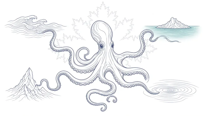 Grawiura: kraken w centrum, wokół cztery sceny morskie: skały, burza, wir i spokojna wyspa